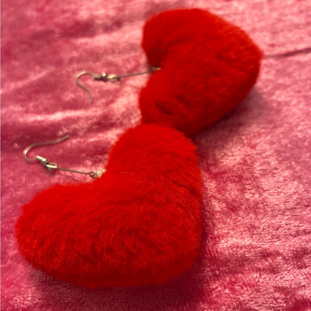 Red Heart-Shaped Fuzzy Earrings